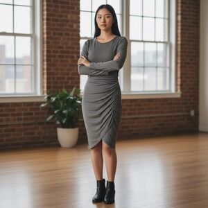 Leith Grey Ruched Bodycon Basic Minimalist Tuplic Long‎ Sleeve Dress Size S